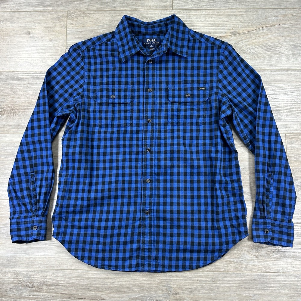 Polo Ralph Lauren Youth Large 14-16 Blue Checkered Button Down Camp Pockets